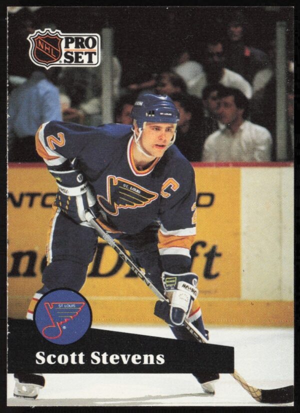 Scott Stevens 1991-92 Pro Set NHL Card #216, featuring intense on-ice action.