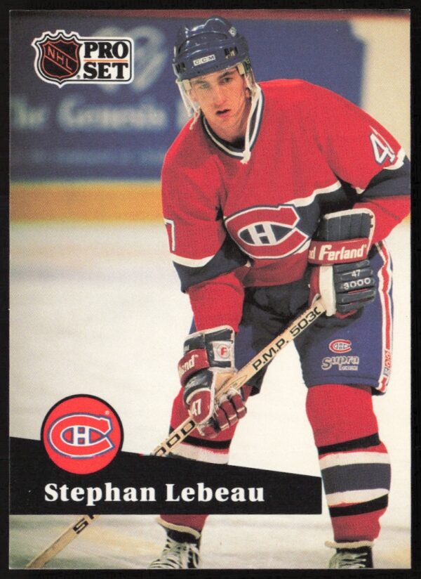 Front of 1991-92 Pro Set NHL card #120 featuring Stephan Lebeau in Montreal Canadiens uniform.
