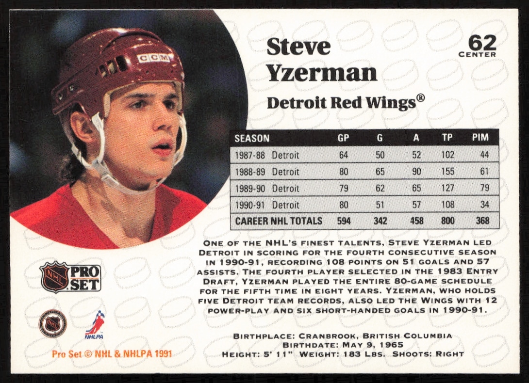 Steve Yzerman 1991-92 Pro Set NHL card back showing stats, biography, and career highlights.