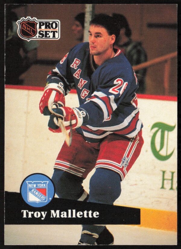 Troy Mallette 1991-92 Pro Set NHL Trading Card #157: Mid-action Hockey Image.