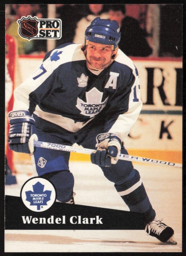 1991-92 Pro Set NHL Card #225 featuring Wendel Clark in action for Toronto Maple Leafs.