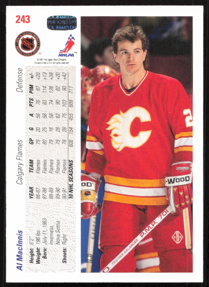Back of Al MacInnis 1991-92 Upper Deck card with stats and Flames highlights.