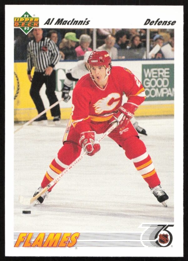 Al MacInnis 1991-92 Upper Deck hockey card, Calgary Flames, card number 243, front view.
