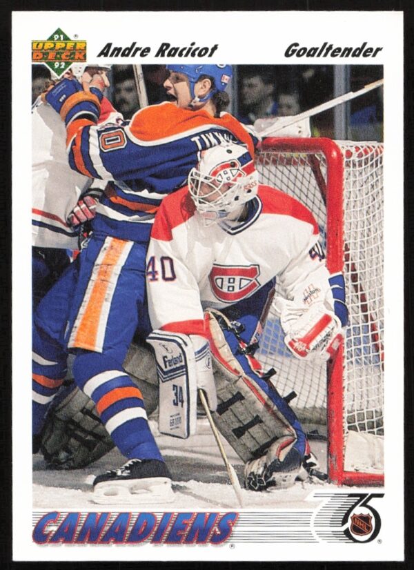 1991-92 Upper Deck Andre Racicot #377, Montreal Canadiens goalie card, vibrant arena background.