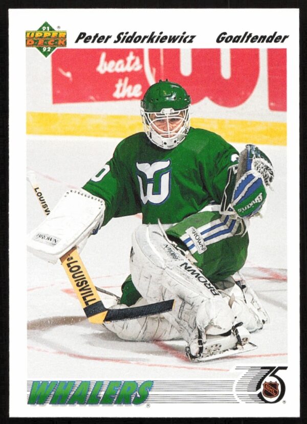 Peter Sidorkiewicz 1991-92 Upper Deck Hockey Card #325 with dynamic goalie pose.