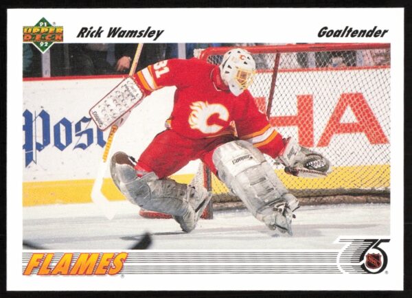 Rick Wamsley 1991-92 Upper Deck Hockey Card #130 showing goaltender in action.