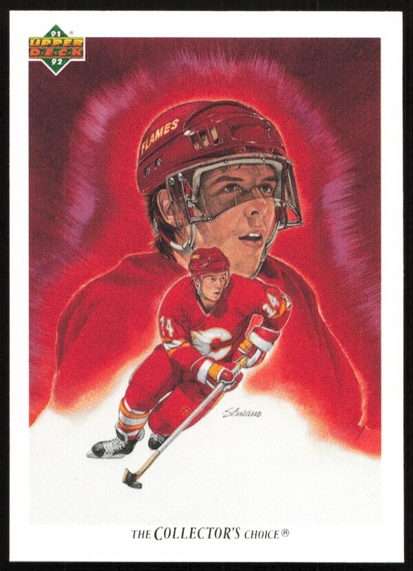 Theoren Fleury 1991-92 Upper Deck Hockey Card #80, featuring action shot in Calgary Flames uniform.