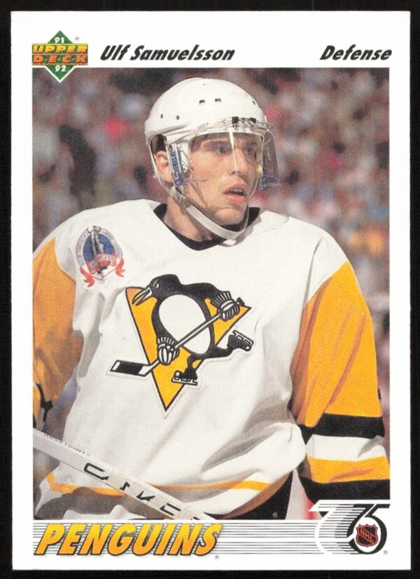 Front of rare 1991-92 Ulf Samuelsson Upper Deck trading card, NHL career highlight.