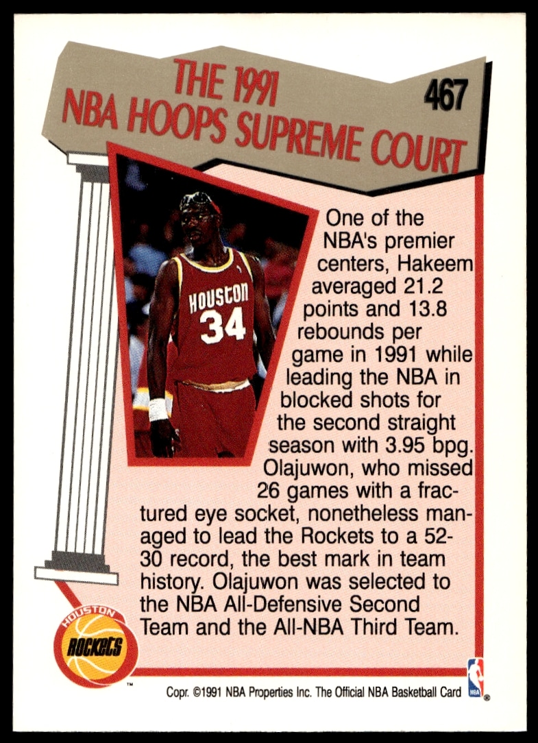 Back of 1991 Hoops Hakeem Olajuwon card #467 with stats and career highlights.