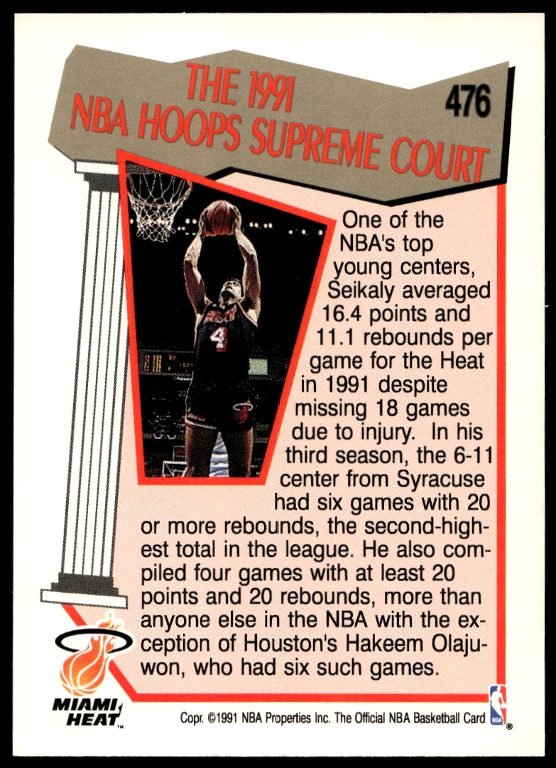 Back of 1991 Hoops Rony Seikaly card, featuring Miami Heat stats and career highlights.