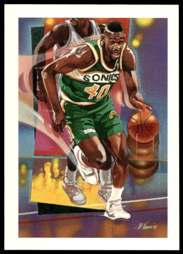 Shawn Kemp 1991 Hoops card, Seattle SuperSonics action, dynamic play style, #527 front.