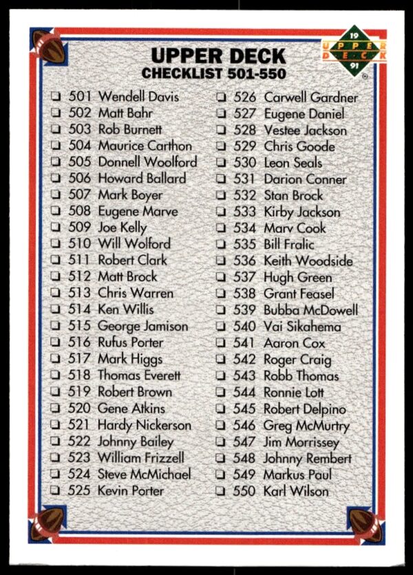 1991 Upper Deck Baseball Checklist Card #600 Front, Player List for Cards 501-600.