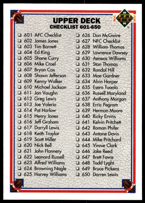 1991 Upper Deck Baseball Checklist Card #601-700 (Front View)