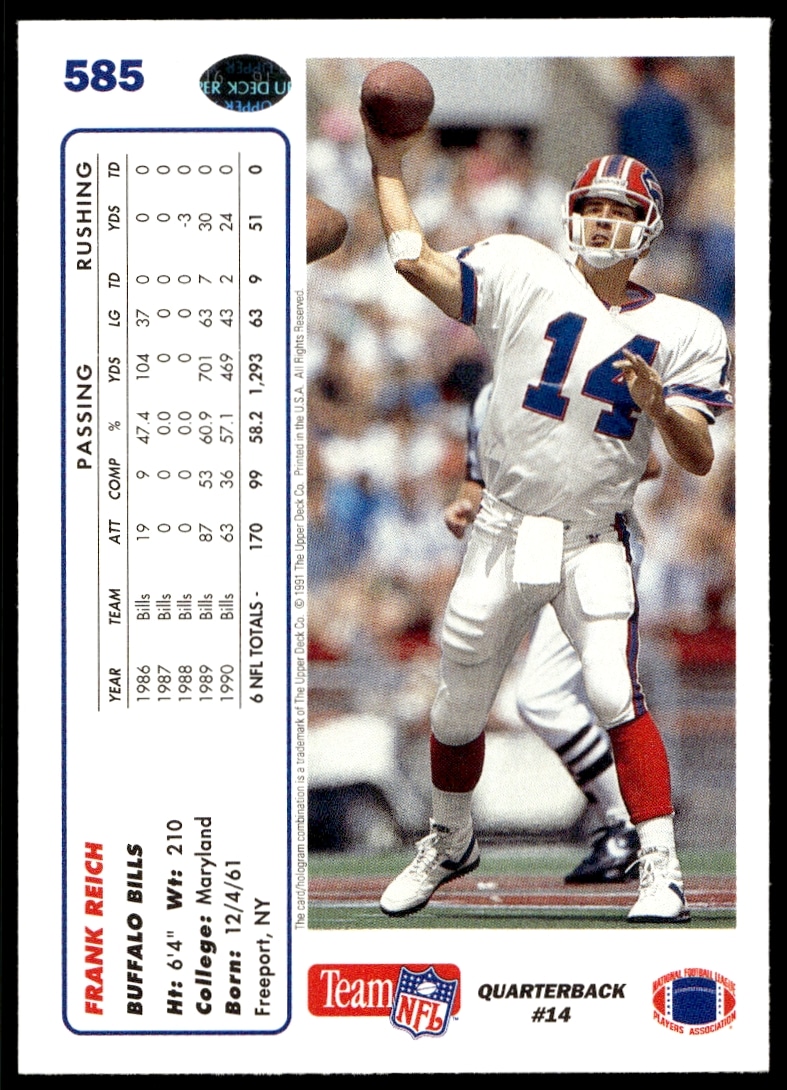 Back of Frank Reich 1991 Upper Deck Football Card, highlighting Bills QB stats and biography.