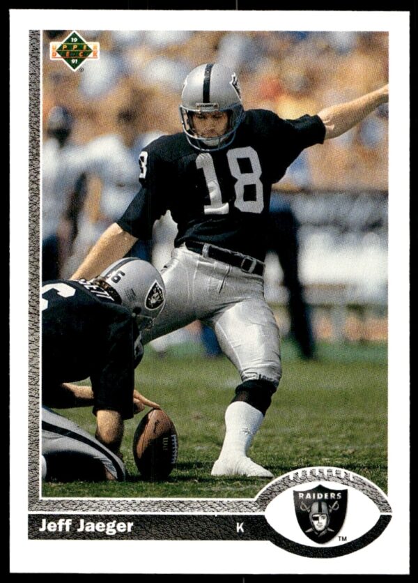 Front of 1991 Upper Deck Jeff Jaeger football card, Los Angeles Raiders kicker.