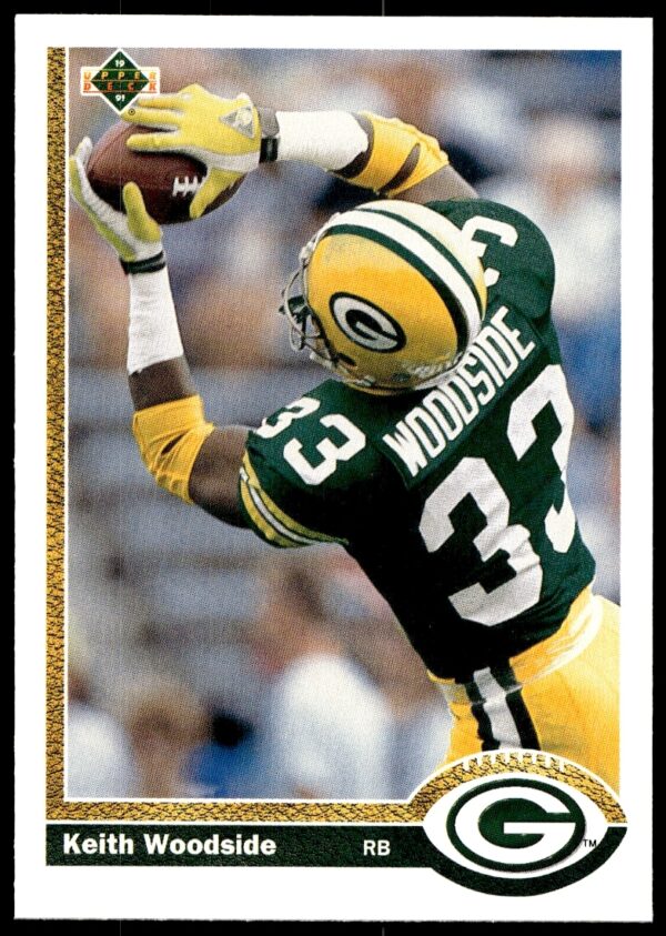 Keith Woodside Green Bay Packers 1991 Upper Deck Football Card #536, action shot.