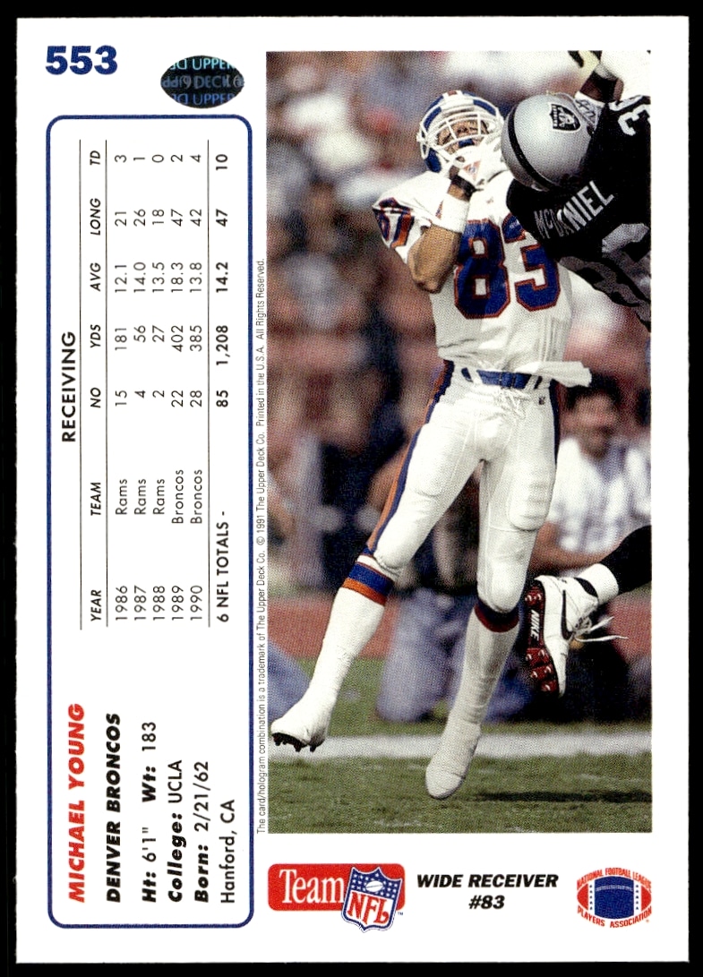 Back of Michael Young 1991 Upper Deck card with stats, bio, and profile, card #553.