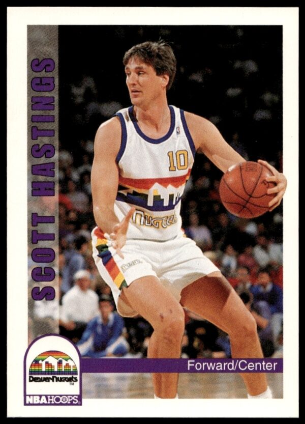 Front view of 1992-93 NBA Hoops trading card featuring Scott Hastings in action.