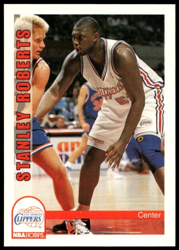 Front of 1992-93 NBA Hoops Stanley Roberts Card #403, showcasing Roberts in action.