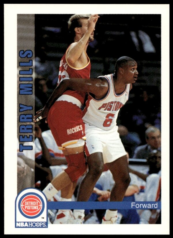 Front view of Terry Mills 1992-93 NBA Hoops card #381 in action pose.