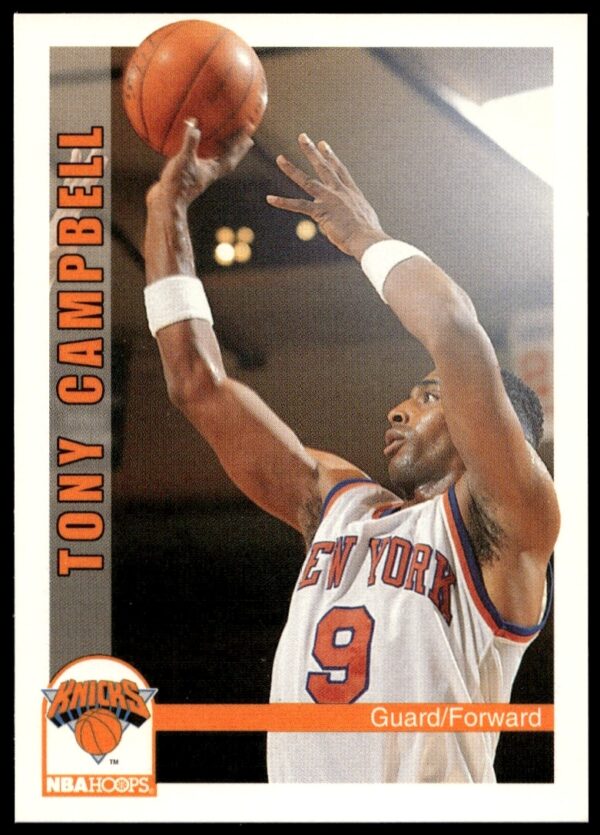 Tony Campbell NBA Hoops 1992-93 card, Minnesota Timberwolves, in-action front view.