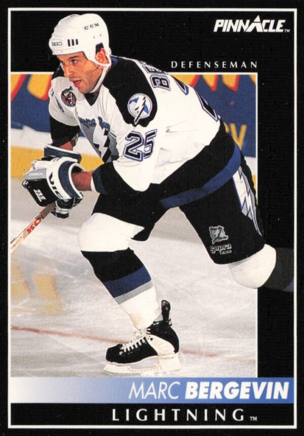 Marc Bergevin 1992-93 Pinnacle Hockey Card #385, classic action shot, intense focus.