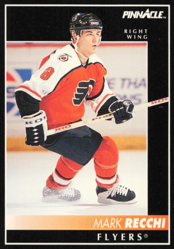 Mark Recchi 1992-93 Pinnacle Hockey Card #80, action pose, focused expression.