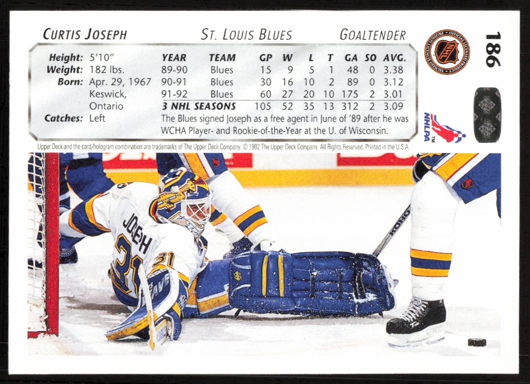 Back of 1992-93 Upper Deck Curtis Joseph hockey card, showcasing stats and personal details.