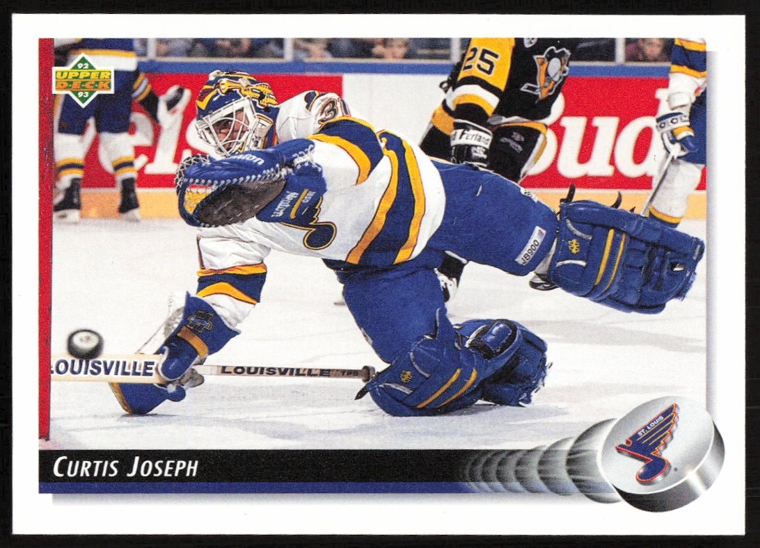 Curtis Joseph 1992-93 Upper Deck #186 hockey card, St. Louis Blues goalie, in-game action.