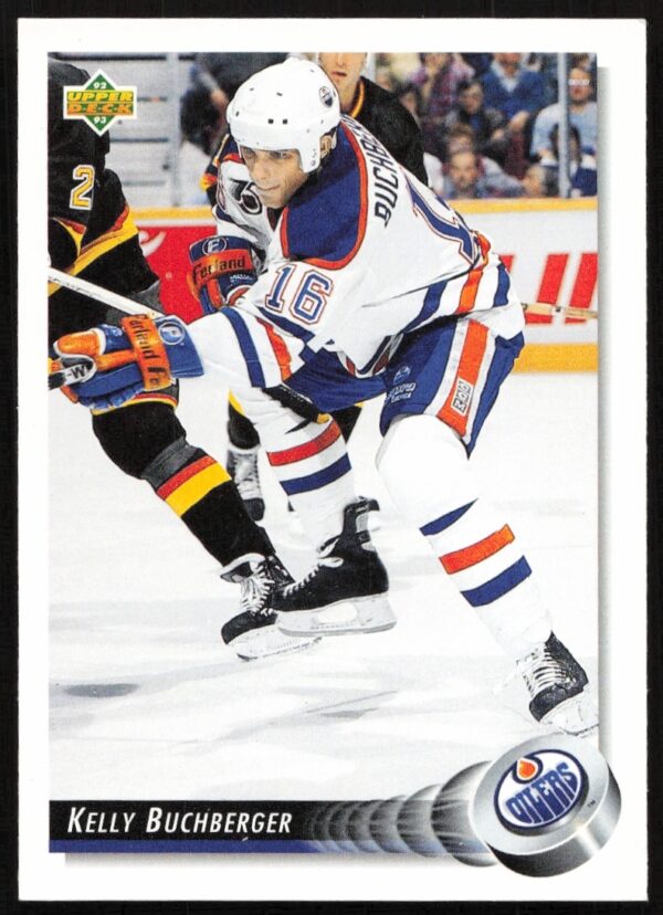 Kelly Buchberger in action, 1992-93 Upper Deck hockey card #123, Edmonton Oilers.