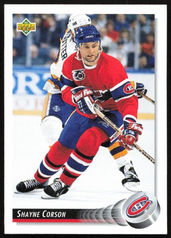 Shayne Corson 1992-93 Upper Deck Hockey Card #330, front view, in-game action.