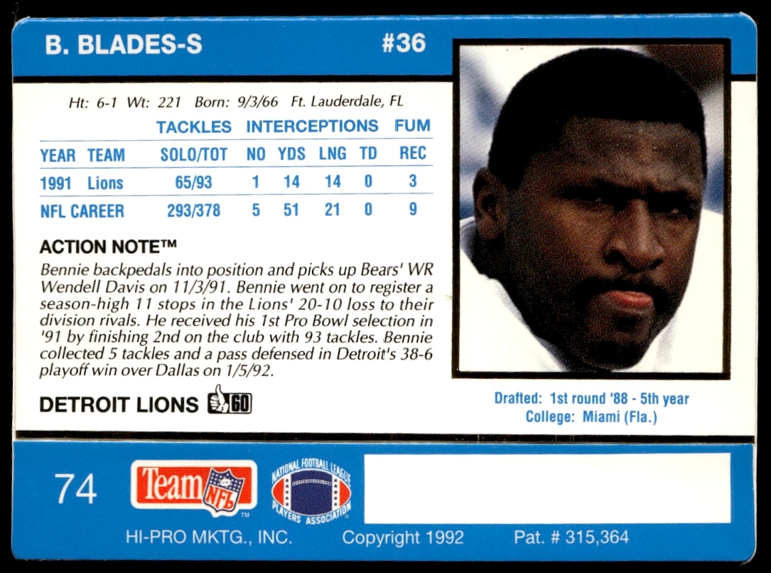 Back of 1992 Action Packed Bennie Blades #74 card, highlighting NFL career and achievements.