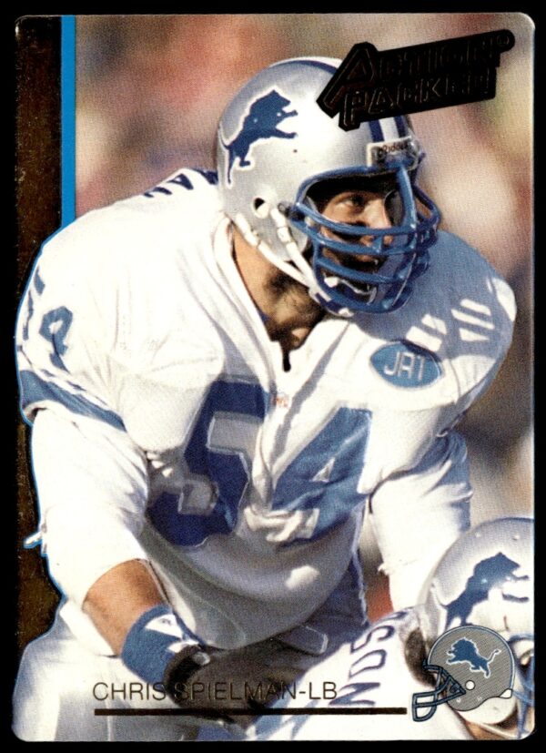 1992 Action Packed Chris Spielman NFL card #77, highlighting linebacker in action.