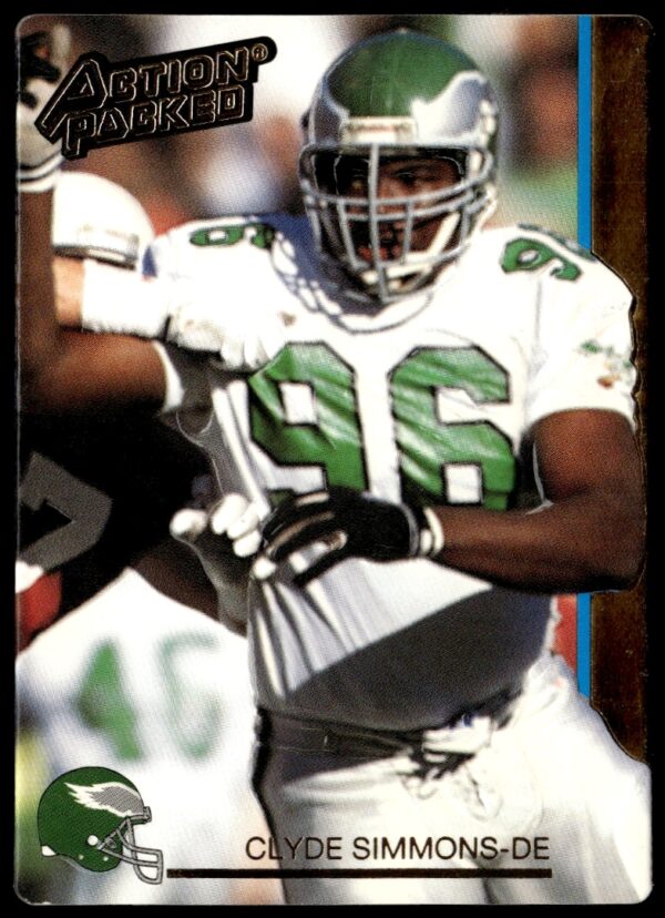 Front of 1992 Action Packed Clyde Simmons football card, Eagles uniform, card #206.