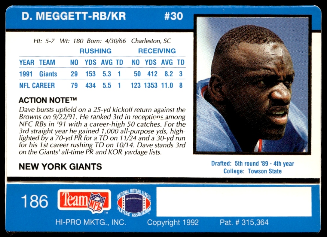 Back of Dave Meggetts 1992 Action Packed card #186 with career highlights and stats.