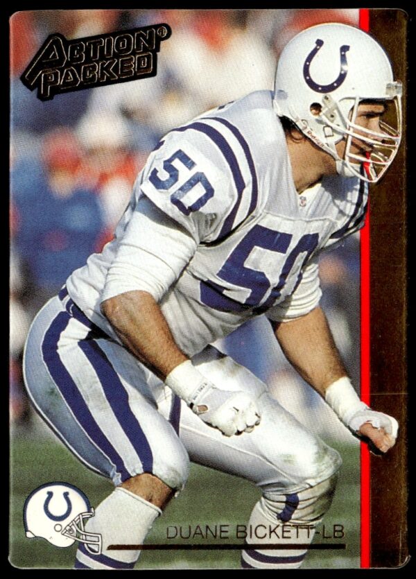 1992 Duane Bickett football card, Action Packed #102, featuring dynamic gameplay photo.