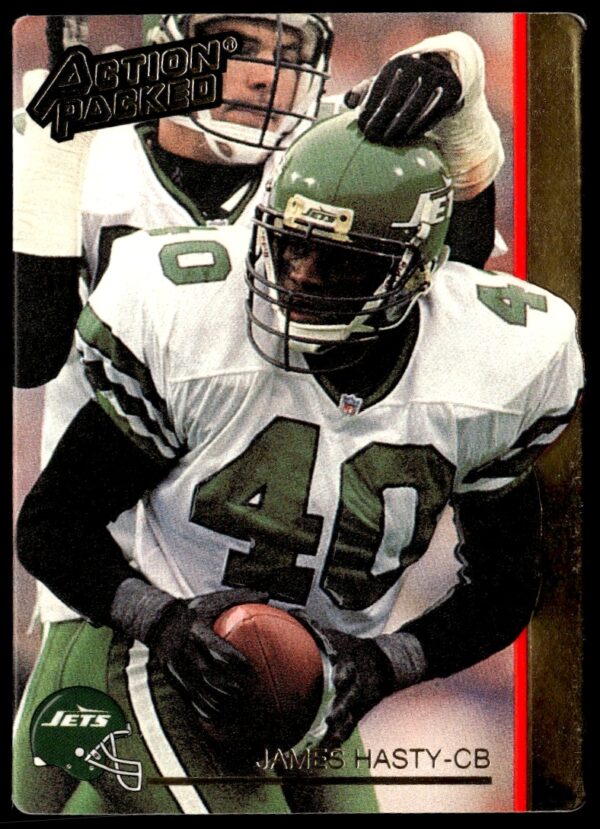 1992 Action Packed James Hasty #195 Football Card - Embossed, Dynamic Pose, Detailed NFL Collectible.