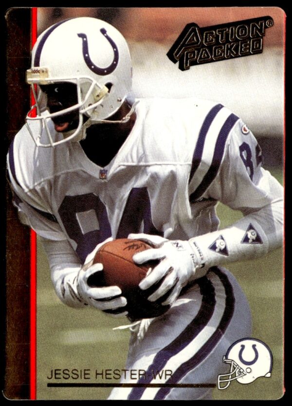 1992 Action Packed football card #105 featuring Jessie Hester in action.