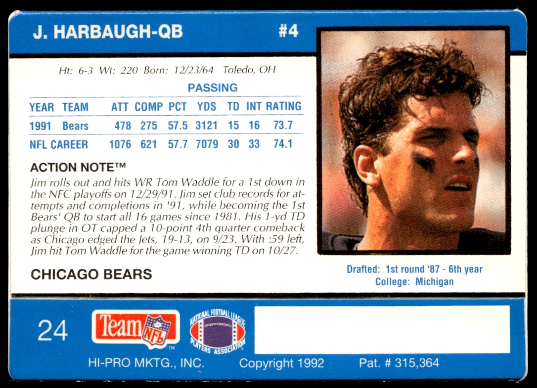 Back of 1992 Jim Harbaugh Action Packed card with stats and achievements.