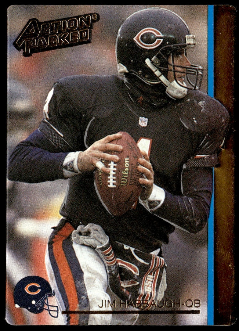 1992 Jim Harbaugh Bears card, Action Packed #24, embossed mid-action image.