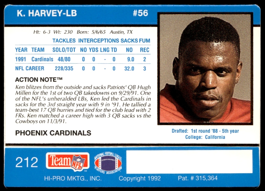 Ken Harvey 1992 Action Packed Card Back #212: Career Highlights & Stats.