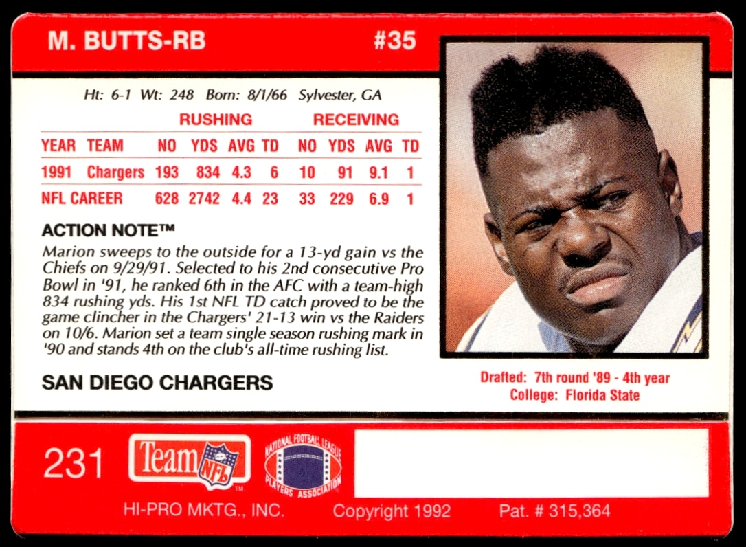 Marion Butts 1992 NFL card back highlights Chargers career, stats, and powerful running style.