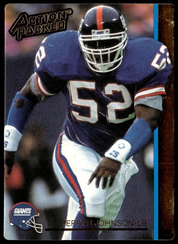 Pepper Johnson 1992 Action Packed Card #182, New York Giants, mid-action linebacker focus.