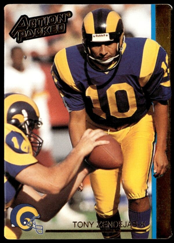 Front of 1992 Action Packed Tony Zendejas football card, embossed with jersey and team colors.