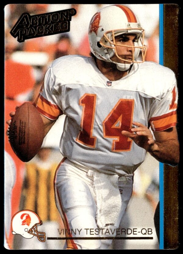Vinny Testaverde 1992 Action Packed football card, Tampa Bay Buccaneers, dynamic action shot.