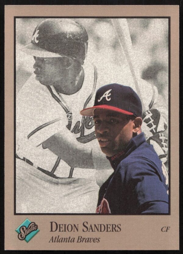1992 Leaf Studio Deion Sanders baseball card #9, front view.