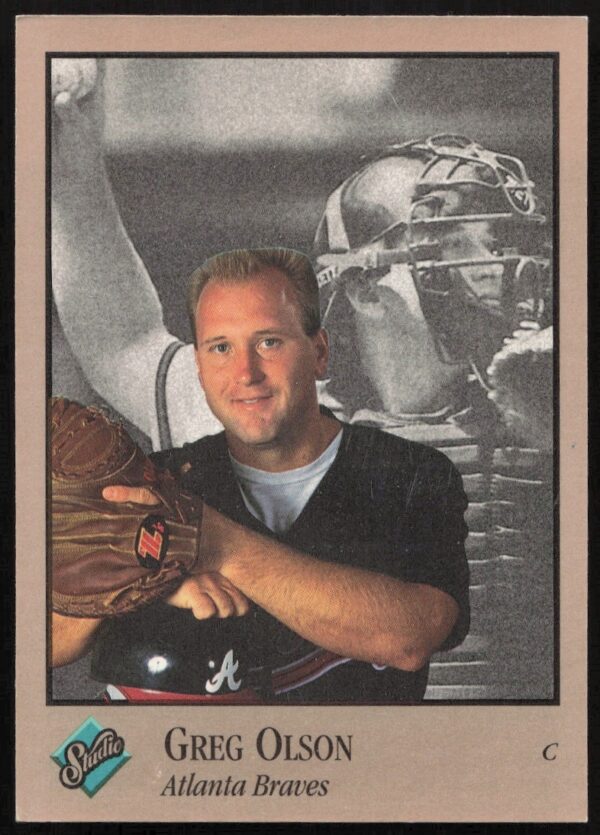 Greg Olson 1992 Leaf Studio trading card, Atlanta Braves catcher, card number 7, front view.