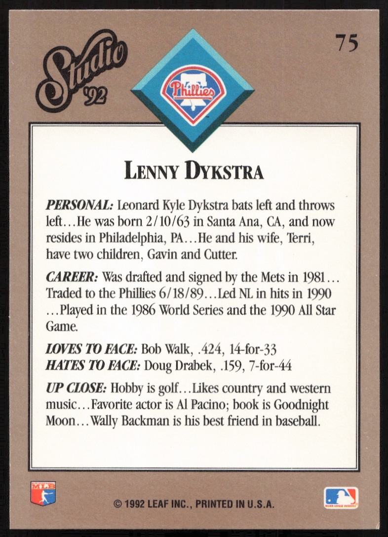 Back of 1992 Leaf Studio Lenny Dykstra card, featuring stats and career highlights.