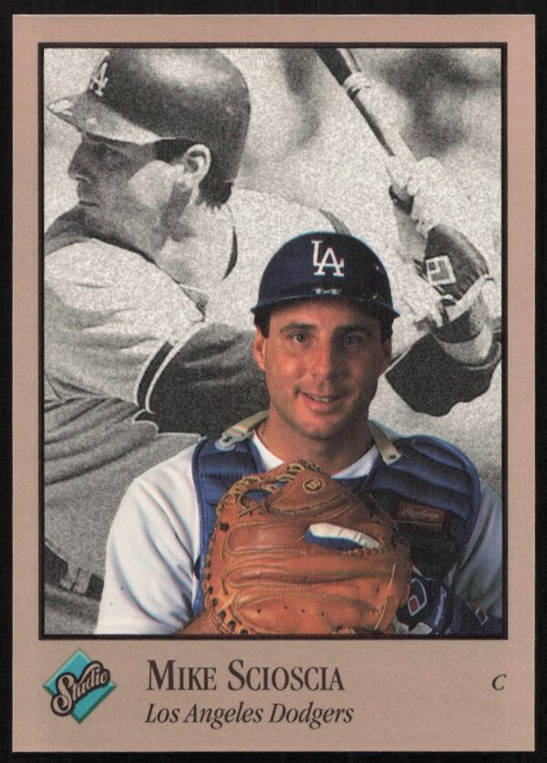 1992 Leaf Studio baseball card of Mike Scioscia, Los Angeles Dodgers catcher, #48.