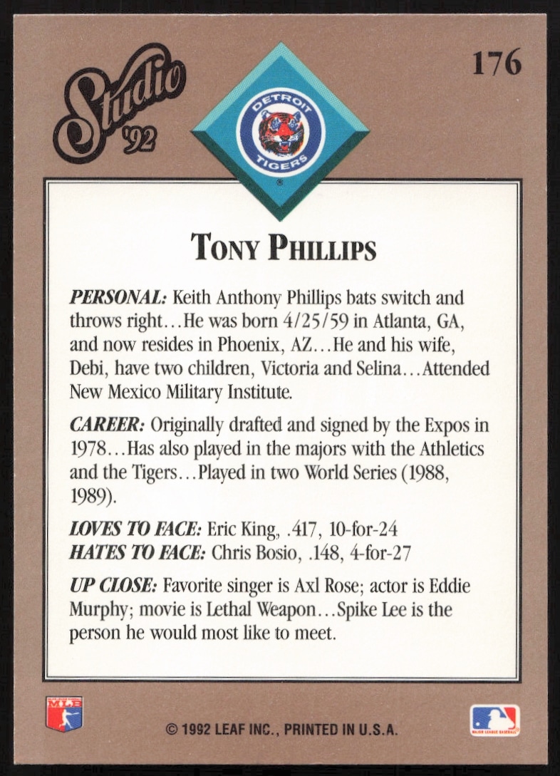 1992 Leaf Studio Tony Phillips card back showcasing stats and career highlights, card #176.
